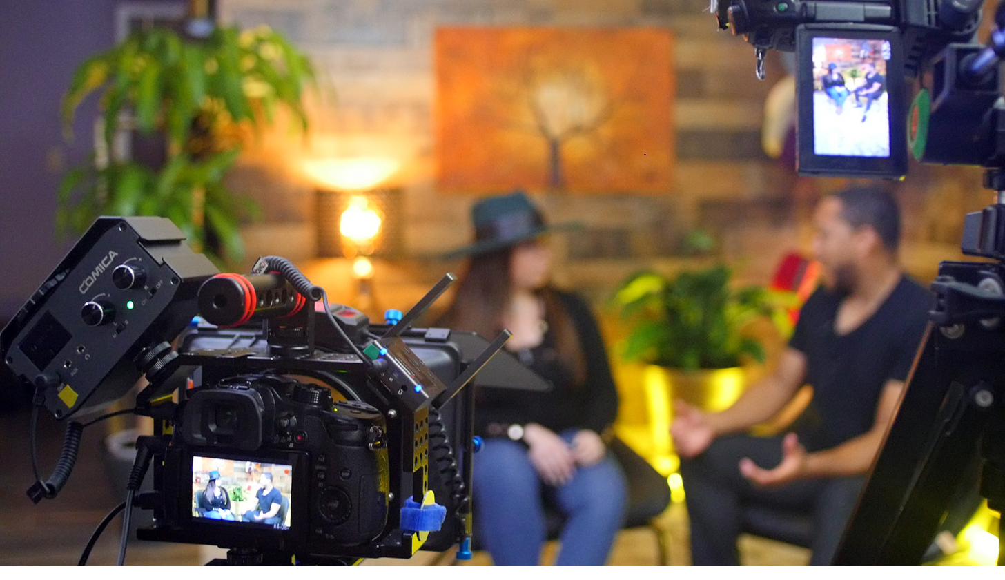 Behind the scenes filming an interview